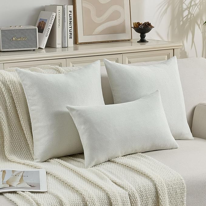 FUTEI Cream White Chenille Throw Pillow Covers 20x20 Inch Set of 2,Soft Wide Chevron Textured Cushion Case,Farmhouse Home Decor for Couch Bed Living Room