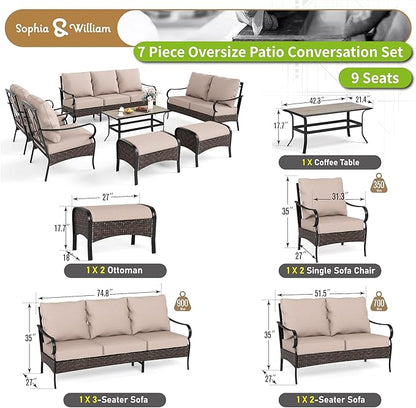 Sophia & William Patio Furniture Set, Outdoor Metal Conversation Set 9 Seats with 3-Seater Sofa, 2 Fix Chairs, 1 Loveseat, 2 Ottoman, 1 Coffee Table for Seating, Lawn Porch Backyard,Beige