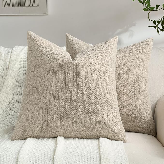 FUTEI Oatmeal Chenille Throw Pillow Covers 24x24 Inch Set of 2,Soft Striped & Diamond Textured European Cushion Cases,Modern Home Decor for Couch Living Room