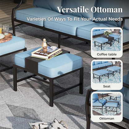 Patio Furniture Set, 6 Pcs Metal Outdoor Conversation Set, 2 Single Chairs, 2 Ottomans and 3 Seater Sofa with 5.75" Extra Thick Cushion and Gas Fire Pit Table, Blue