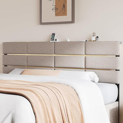 King/Cal King Size Upholstered Headboard, Adjustable Head Boards with LED Light & Charging Station, Bed Headboard Only, Attach Frame, Ideal for Bedroom, Dorm, Guest Room, Beige