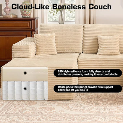 Weaxty Cloud Sectional Couch for Living Room, Oversized U Shaped Boneless Couches with Chaise, Plush Corduroy Memory Foam Deep Seat Floor Sofa, No Assembly Required，Beige