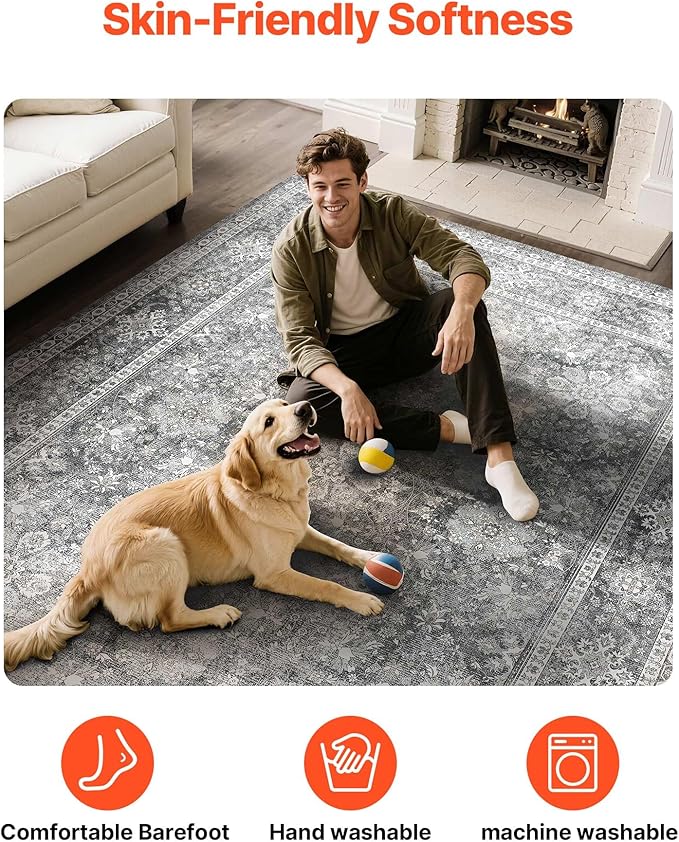 VEVOR 8 x 10 ft Area Rug Large Washable Rug Non-Slip and Tear-Resistant Soft Carpet Pet & Child Friendly Vintage Area Rugs Indoor Mat for Bedroom Living Room Kids Room Entryway Office Gray