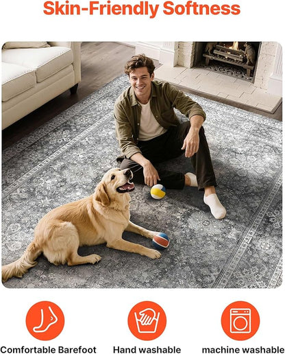 VEVOR 8 x 10 ft Area Rug Large Washable Rug Non-Slip and Tear-Resistant Soft Carpet Pet & Child Friendly Vintage Area Rugs Indoor Mat for Bedroom Living Room Kids Room Entryway Office Gray