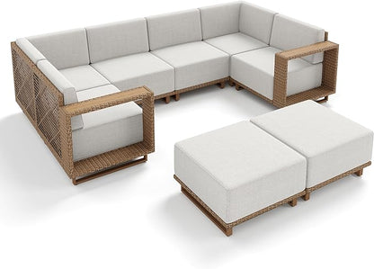 8 Pieces Outdoor Patio Furniture Set, Wicker Rattan Modular Patio Sofa Couch, Sectional Outdoor Conversation Set with 10" Extra Thick Cushions for Deck Backyard Lawn