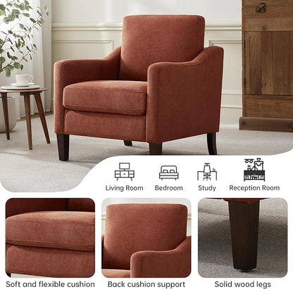 VKNOW Mid Century Modern Accent Chair, Upholstered Living Room Chairs Armchair for Bedroom, Comfy Reading Accent Chairs with Wood Legs for Living Room, Orange