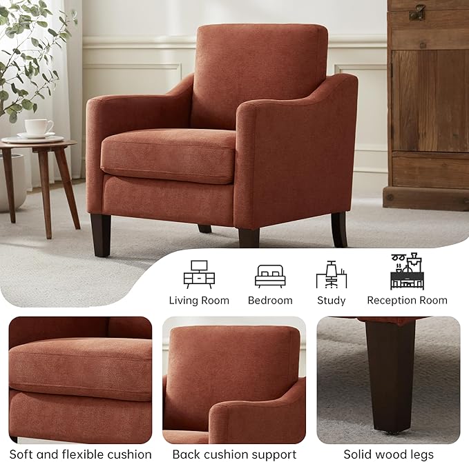 VKNOW Mid Century Modern Accent Chairs Set of 2, Upholstered Living Room Chairs Armchair for Bedroom, Comfy Reading Accent Chairs with Wood Legs for Living Room, Orange