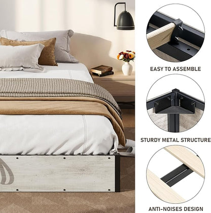 Lift Up Storage Bed Frame, Full Size Wooden Platform Bed with Large Storage Underneath, No Box Spring Needed, Noise Free, Distressed White
