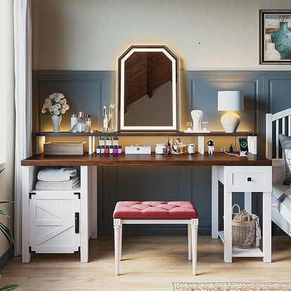 EnHomee Computer Desk with Drawers,23" D Home Office Desk with Storage,Wooden Desk with Monitor Stand,Farmhouse Desk with Printer Space and Power Outlets for Studio,Work, Study,Writing&Gaming,White