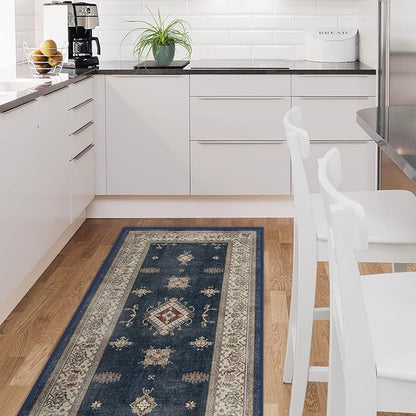 RUGGABLE Washable Vintage Runner Rug – Verena Sapphire 2.5x10, Stain-Resistant, Non-Slip Hallway Runner – Machine Washable Rug for Hallway, Entryway, Living Room & Kitchen–with Cushioned Pad