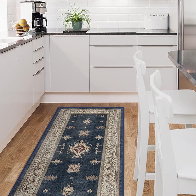 RUGGABLE Washable Vintage Runner Rug – Verena Sapphire 2.5x7, Stain-Resistant, Non-Slip Hallway Runner – Machine Washable Rug for Hallway, Entryway, Living Room & Kitchen–with Cushioned Pad