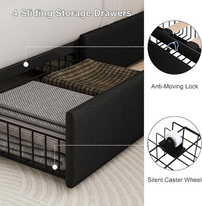 King Size Upholstered Platform Bed Frame with 4 Storage Drawers and Charging Station, Linen Button Tufted Wingback Headboard, Sturdy Wooden Support Slats, No Box Spring Needed, Black