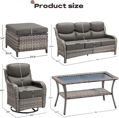 Rilyson Wicker Outdoor Patio Furniture Set - 6 Piece Patio Conversation Sets with Swivel Rocker Chairs, Ottomans, Sofa and Table, 6 inch Cushions, Deep Seating, for Porch Deck Mixed Grey/Grey