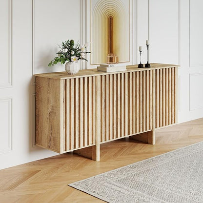 Sideboard Buffet Cabinet with Storage, Natural Freestanding Floor Cabinet 64” Farmhouse Sideboard Wooden Large Storage Cabinet Media Console Table Credenza for Living Room Dining Room Hallway, Single