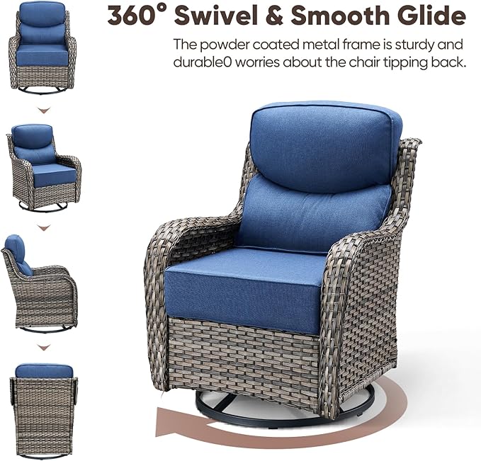 Swivel Patio Chairs sofa Set of 7 with 6" Thick Cushion - Wicker Outdoor Swivel Rocker Patio Chair ,Sofa/Glass coffee table, High Back Comfortable Outdoor Glider Chairs - Gery Wicker Blue Cushions