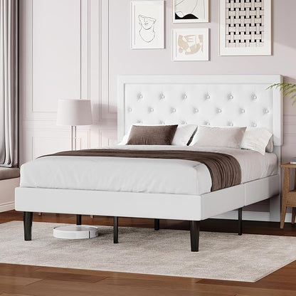Allewie Queen Size Velvet Upholstered Bed Frame with Adjustable Headboard, Diamond Tufted Design, Wood Slat Support, Noise-Free EVA Strip, Easy Assembly, White