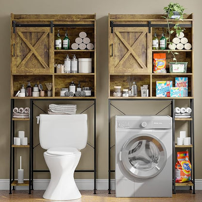 Over The Toilet Storage Cabinet, Farmhouse Storage Cabinet Over Toilet with Sliding Barn Door,Home Space-Saving Toilet Rack, for Bathroom, Restroom, Laundry.Brown.
