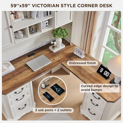 T4TREAM 59" L Shaped Desk with Hutch,Victorian Wood Computer Desk, Featuring Charging Station,File Drawer, Storage Cabinet,for Home Office Work and Study (Antique White)