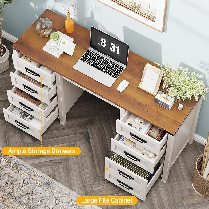 Vabches Farmhouse 60.6” Executive Desk with 7 Drawers, Computer Desk with File Drawer for Hanging Files A4, Workstation for Home Office, Study.