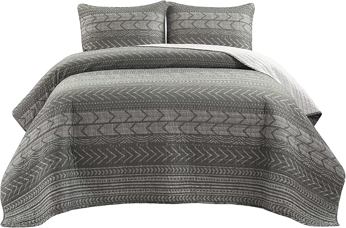 Lush Decor Hygge Geo Pattern Striped 3 Piece Quilt Bedding Set, Full/Queen, Charcoal