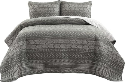Lush Decor Hygge Geo Pattern Striped 3 Piece Quilt Bedding Set, Full/Queen, Charcoal