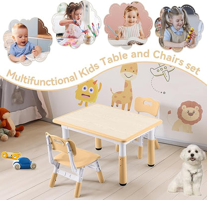 Kids Study Table and Chairs Set, Height Adjustable Toddler Table and Chair Set for Kids Ages 3-8, 31.5" L x 23.6" W Graffiti Desktop Plastic Children Art Table with 2 Seats, Brown