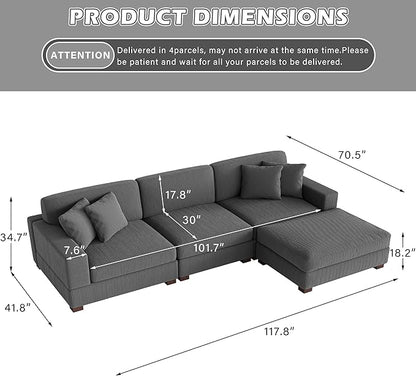 Modular Sectional Couches for Living Room, 118" Modern Upholstered Sofa Couche with Ottoman for Living Room Bedroom, Grey