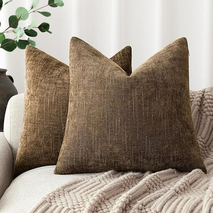 Foindtower Pack of 2 Soft Textured Chenille Throw Decorative Pillow Covers Square Accent Solid Cushion Cover Neutral Farmhouse Pillow Case for Couch Sofa Bedroom Living Room 16x16 Inch,Taupe Brown