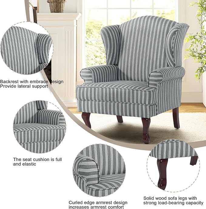 Pia Ricco Set of 2 Stripe High Back Accent Chairs: Upholstered Fabric Armchairs with Solid Wood Legs - Retro Living Room Pair, Comfy Reading Sofa Seats-Gray