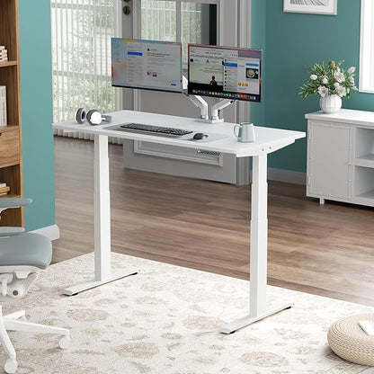 3 Stages Dual Motor Electric Standing Desk with One Piece Desktop, 48 x 24 Inch Adjustable Height Sit to Stand Up Desk for Home Office, Work & Study, White Frame & White Desktop (2 Packages)