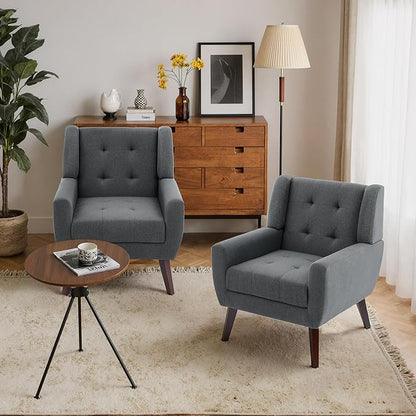 Accent Chairs Set of 2, Mid-Century Modern Upholstered Armchair, Comfy Fabric Living Room Chairs Reading Chairs with Button Tufted Back & Solid Wood Legs for Bedroom, Office, Gary