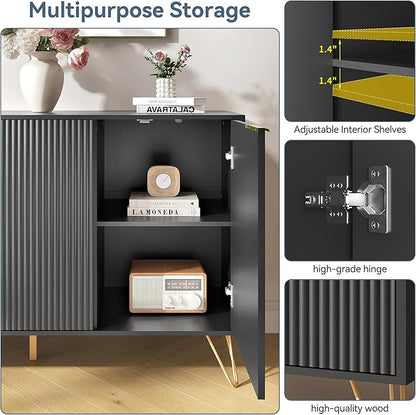 Fluted Buffet Cabinet,Wooden Console Storage with 3 Doors and Adjustable Shelves,Black Sideboard for Entryway,Kitchen,Bathroom,Home Office