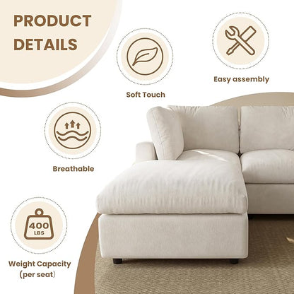 WJShome Modular Sectional Cloud Couch Modern L Shaped Sofa with Ottoman, 100 Inch 3-Seat Chenille Deep Seat Couches for Living Room, Bedroom and Apartment，Beige