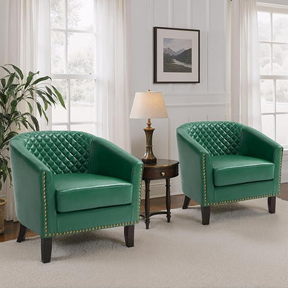Pia Ricco Faux Leather Barrel Accent Chairs Set of 4, Modern Club Arm Chair Comfy Upholstered Single Sofa Chair with Solid Wood Legs and Nailhead Trim for Living Room/Reading Room, Green