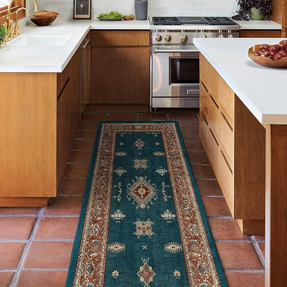 RUGGABLE Washable Vintage Runner Rug – Verena Teal Blue 2.5x7, Stain-Resistant, Non-Slip Hallway Runner – Machine Washable Rug for Hallway, Entryway, Living Room & Kitchen–with Cushioned Pad