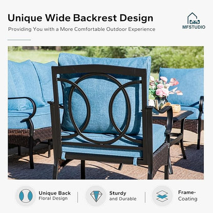 MFSTUDIO 4 Pieces Outdoor Patio Furniture Set, Metal Outdoor Conversation Set, Rattan Wicker Patio Sectional with 2 x Swivel Single Sofa, 3-Seat Sofa, 1 x Coffee Table, Navy Blue