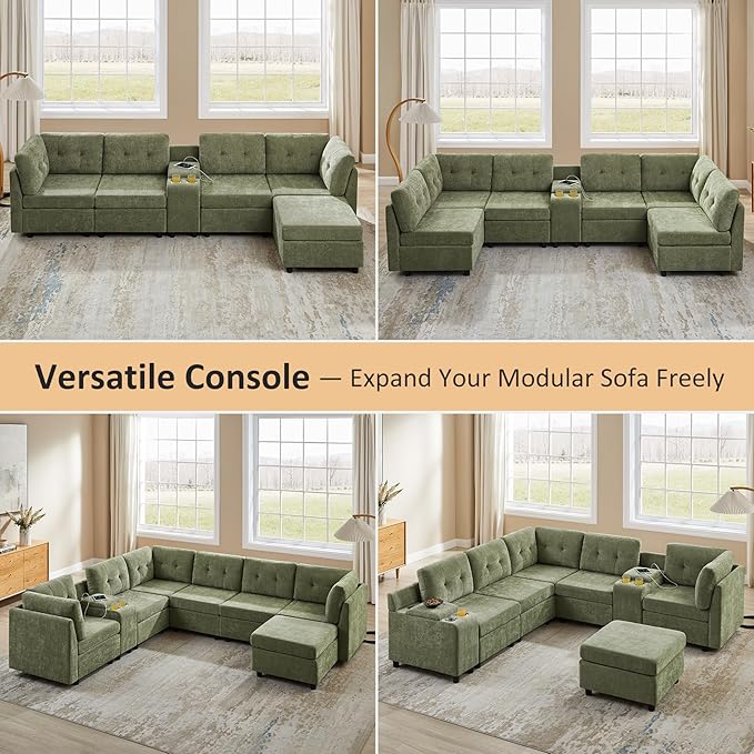 VANOMi 6 Seat Cloud Couches for Living Room with 2 Ottomans, 118" Convertible Modular Sectional Sofa Bed, Comfy Chenille Sofas & Couches for Living Room, Apartment, Office, Olive Green, Large Sofa Bed