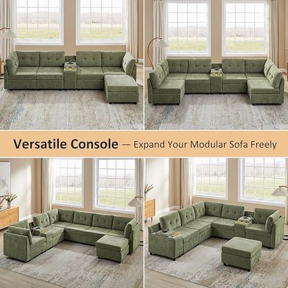 VANOMi 5 Seat Cloud Couches for Living Room with Ottoman, Convertible Modular Sectional Sofa Bed, Chenille Cloud Sofas & Couches for Apartment, Office, Olive Green, Sofa Bed
