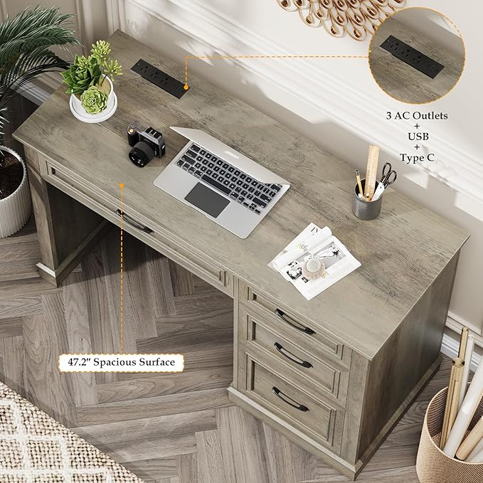 Farmhouse 47" Executive Desk, Computer Desk with Drawers and File Drawer, Workstation Computer Desk with Charging Station for Home Office,Study,（Wash Grey）