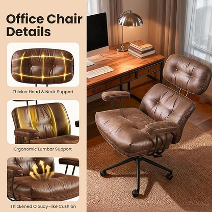 Mid-Century Modern Office Chair, Home Office Desk Chair with Adjustable Lumbar Support, Thickened Cushion Executive Desk Chair with 360 Rolling Swivel for Meeting Game Study Room(Dark Brown)