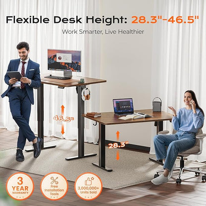 Huuger 48 x 28 Large Electric Standing Desk, Height Adjustable Desk, 27.6" Deep Desktop, Stand up Gaming, 2 Hooks, 3 Preset Heights, for Home Office, Rustic Brown