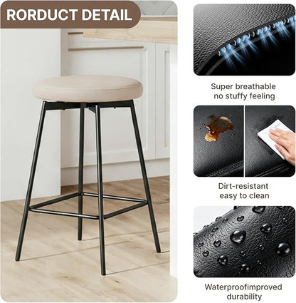 Swivel Bar Stools Set of 3, 24" Counter Height Bar Stool, Backless Barstools with Faux Leather Upholstered Seat&Sturdy Wood Legs for Kitchen Island, Beige