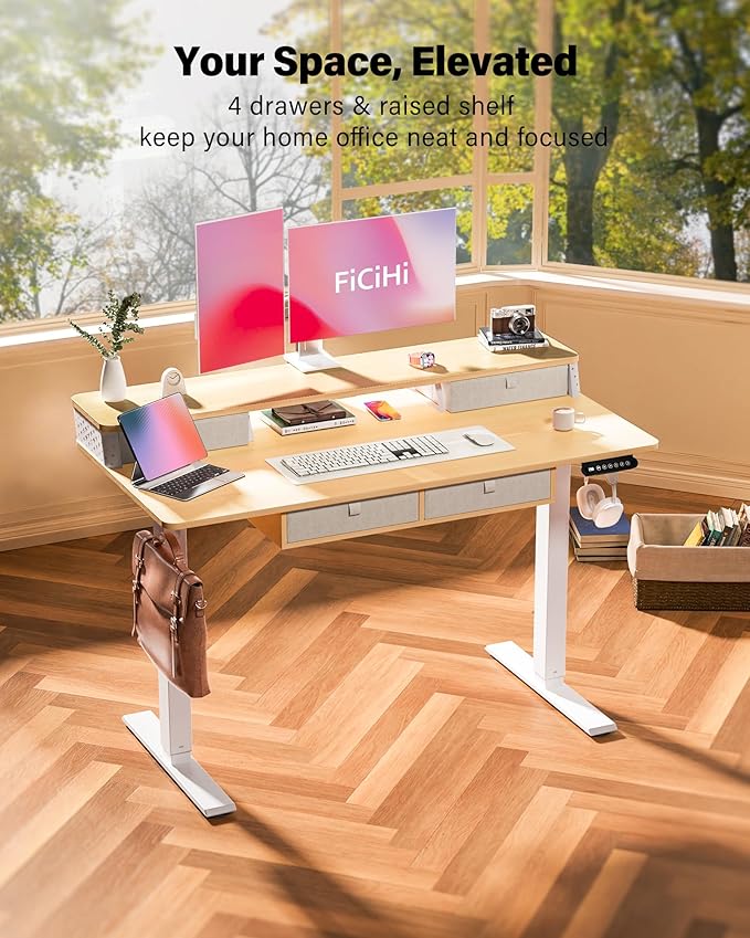 FiCiHi Adjustable Height Standing Desk with 4 Drawers,48 x 24 inches Electric Sit Stand Home Office Desk with Two Tiers, 3 Memory Presets, Monitor Stand Riser