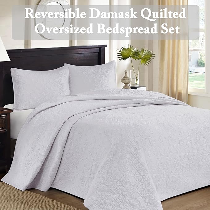 Madison Park Quebec Reversible Quilt Set Damask Design, Double Sided Stitching All Season, Lightweight Bedspread Bedding Set, Matching Sham, White, Oversized King(120"x118") 3 Piece