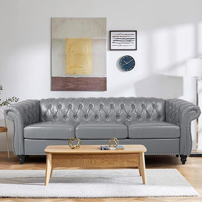 2 Piece Living Room Sofa Set, 3 Seater Faux Leather Sofa Couch and Chair Set, Mid Century Modern Upholstered Couch with Cushions, Vintage Comfy Tufted Chesterfield Couches for Bedroom, Office (Grey)