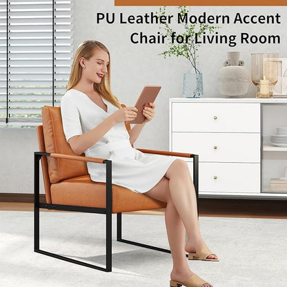 CANMOV Mid Century Modern Accent Chair, PU Leather Armchair with Metal Frame,Comfy Single Reading Chair with Soft Padded Backrest and Cushion for Living Room, Bedroom,Reading Room,Office,Brown
