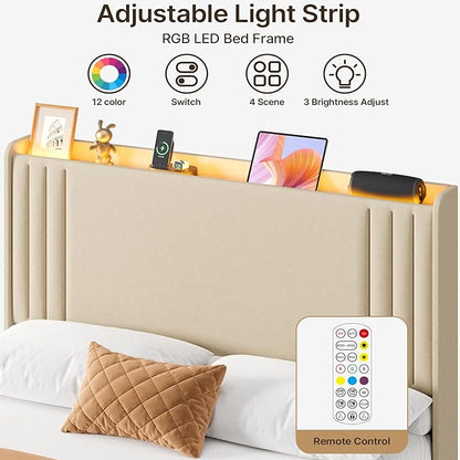 Gizoon Full Bed Frame with Charging Station and LED Lights,Upholstered Wingback Platform Bed with Wooden Slats,Noise-Free,No Box Spring Needed