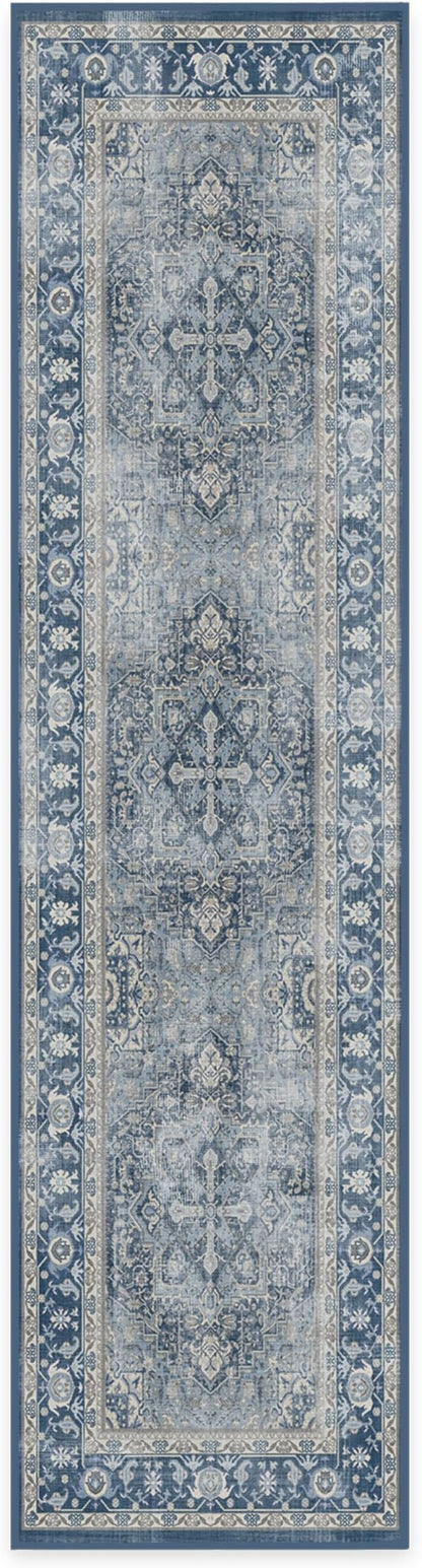 RUGGABLE Washable Vintage Runner Rug – Kamran Admiral Blue 2.5x10, Stain-Resistant, Non-Slip Hallway Runner – Machine Washable Rug for Hallway, Entryway, Living Room & Kitchen–with Standard Pad