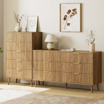 LYNSOM Fluted Dresser and Nightstand Sets 4 Piece, 1-Drawer Nightstands and 5/6 Drawers Dresser, Wood Bedroom Furniture Set for Home, Bedroom, Hallway, Natural Oak