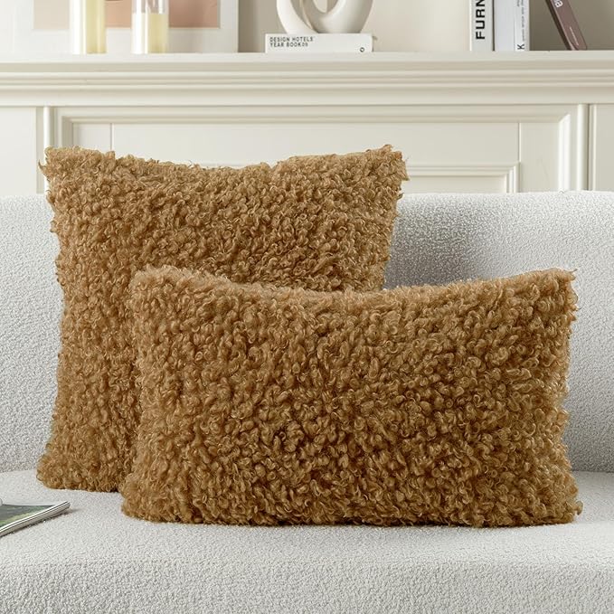 FUTEI Camel Decorative Throw Pillow Covers 22x22 Inch Set of 2,Soft Fluffy Faux Wool Fur Boucle Textured Cushion Case,Modern Home Decor for Couch Bed Living Room Office